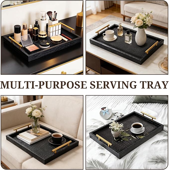 SXNOWS 17"x12" Black Faux Leather Serving Tray with Gold Handles, Rectangle Decorative Tray for Ottoman, Coffee Table, Kitchen, Bar, Gift for Home Decor