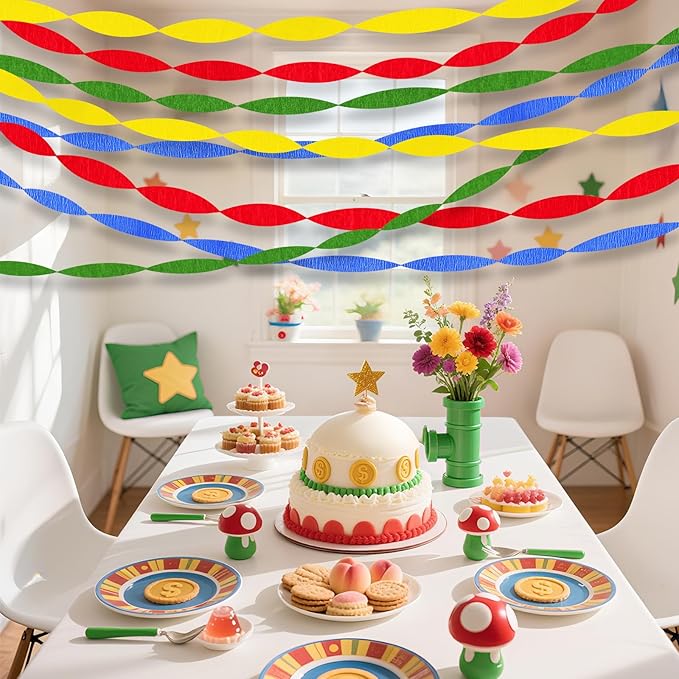 Super Brothers Birthday Party Decoration, 8 Rolls Red Green Blue Yellow Crepe Paper Streamers, for Boys Girls Game Theme Adventures Party Supplies