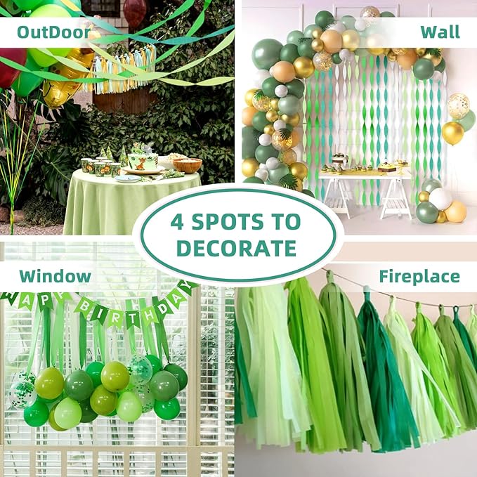 PIGETALE Crepe Paper Streamers 4 Rolls 328ft, Pack of Green, Turquoise, Lime and White Party Streamers for Birthday Wedding Ceremony Baby Shower Party Decorations Supplies (1.8Inch x 82Ft/Roll)