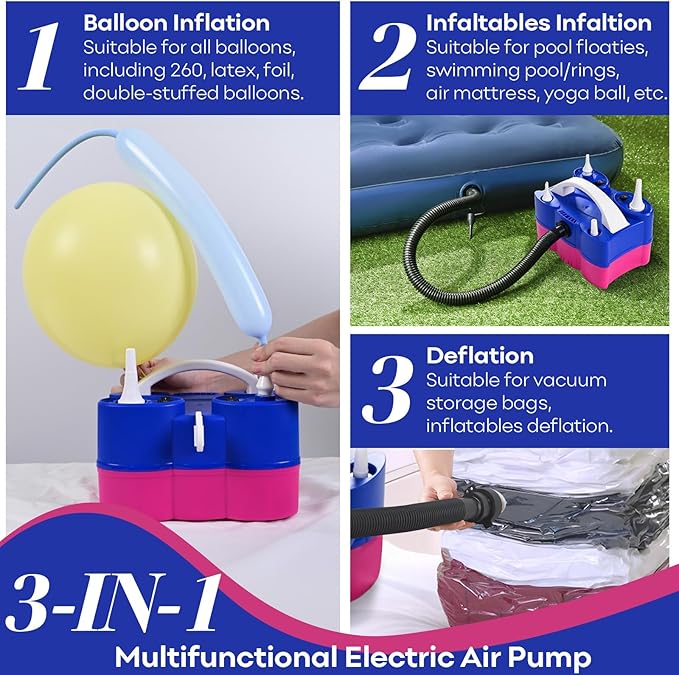 Togvu Electric Balloon Pump, 3-in-1 Portable Air Pump for Inflatables and Balloons, Dual Nozzle Balloon Blower Machine for Latex 260q Foil Balloons 110V Inflator Deflator for Pool Floats Air Mattress