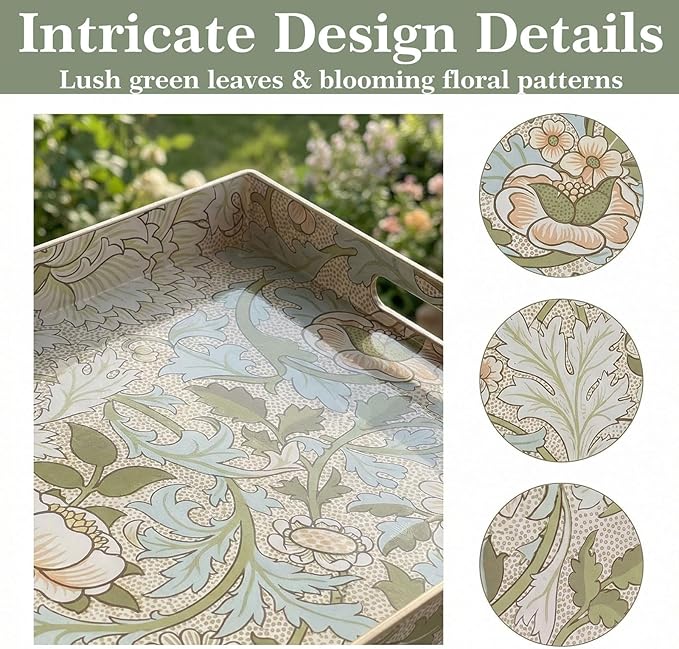 William Morris-Style Serving Tray with Handles - 15.7" x 11.8" Floral Pattern Decorative Platter for Coffee Table, Ottoman & Breakfast in Bed - Sturdy Plastic Rectangular Tray