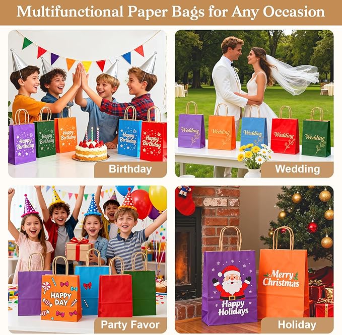 100 PCS Small Gift Bags with Handles, 5.91"x3.15"x8.27" Party Favor Bags, 12 Colored Goodie Bags for Birthday Party, Kraft Paper Gift Bags Bulk for Wedding, Baby Shower, Celebrations, Party Supplies
