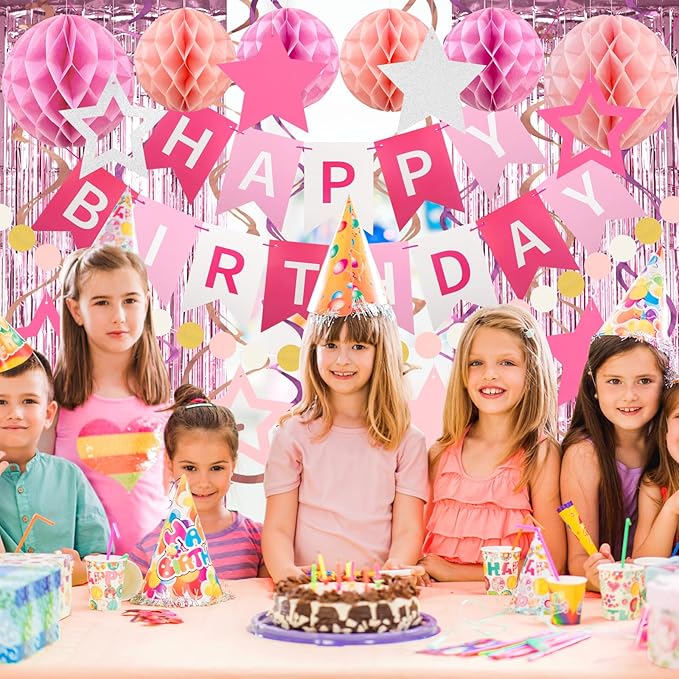 ZERODECO Birthday Decorations, Happy Birthday Banner with Paper Honeycomb, Star Hanging Swirl, Fringe Curtain, Garland, Birthday Party Decorations for Women Girls (Pink)