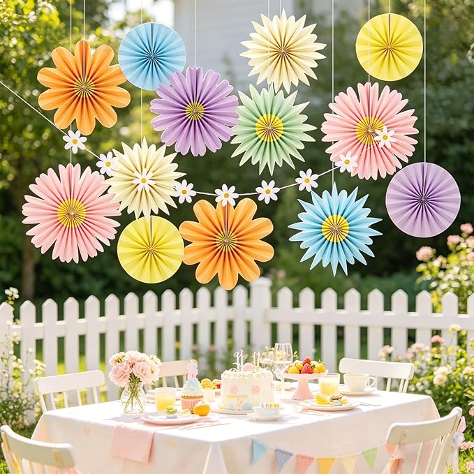 Paper Jazz 12pcs Pastel Paper Flower Decorations - Daisy Paper Fan Backdrop for Birthday Party, Baby Shower, Wedding, Spring & Summer Events,Spring Hanging Flower for Classroom Garden