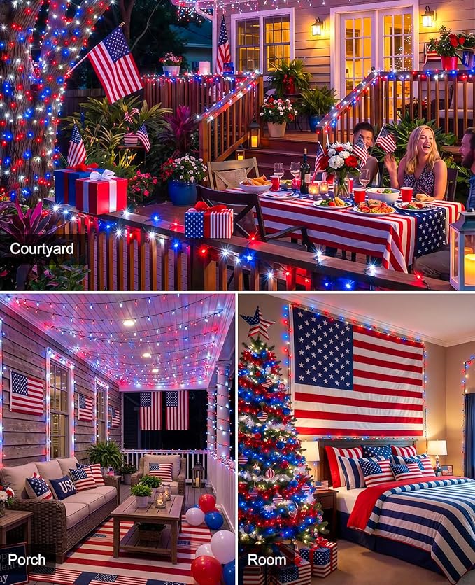 Red White and Blue String Lights, 80FT 240 LED 4th of July Lights Waterproof, Plug in 8 Modes Connectable Patriotic Fairy Light for Independence Day Indoor Patio Tree Party Decorations