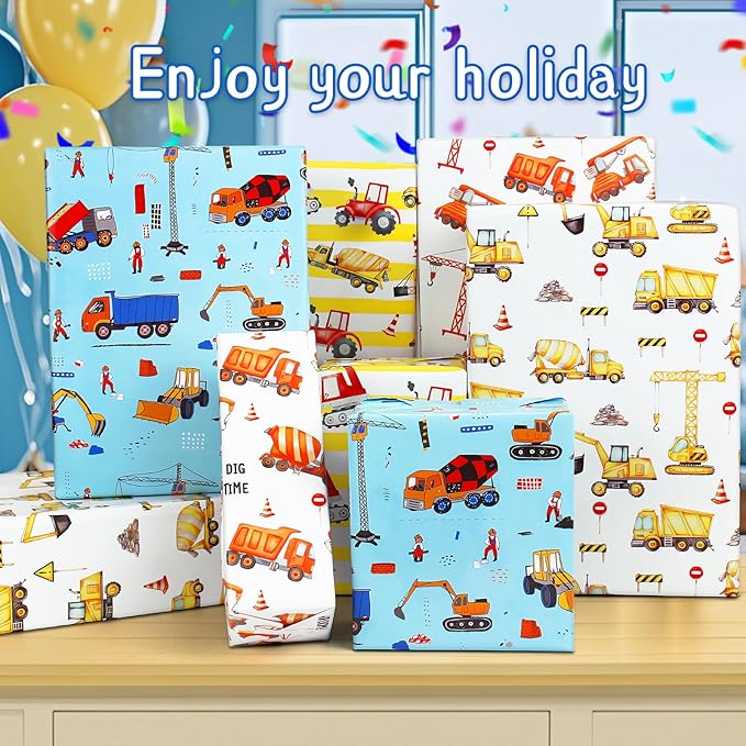 Gift Wrapping Paper Boy Kids Birthday Wrapping Paper Sheet Bulldozer Mixers Dumper Vehicles Pattern Excavator Tractor Dump Truck Road Under Construction Digger Wrapping Paper Birthday Gift Wrap