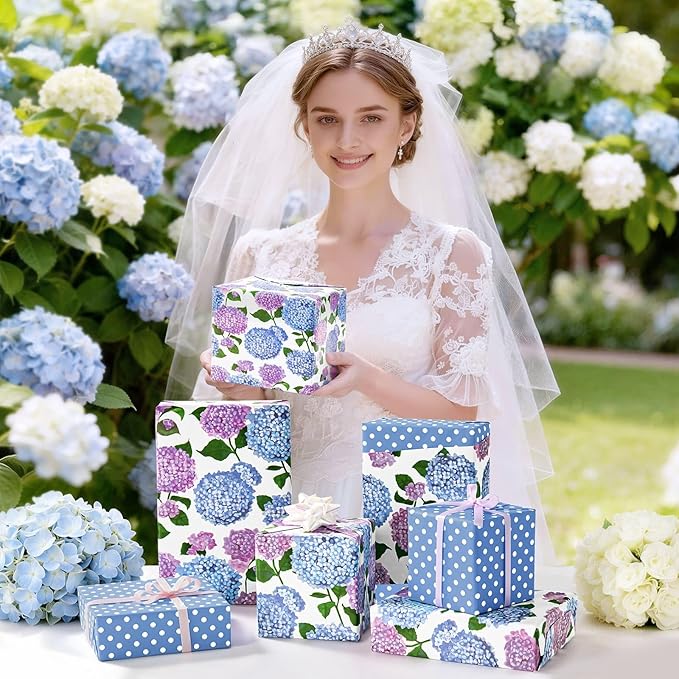 WERNNSAI Floral Wrapping Paper - 1 Roll 17”x 33 ft Blue Hydrangea Flower Wrapping Paper for Women Girls Birthday Supplies Floral Gift Wrap for Wedding Bridal Shower Party Favor