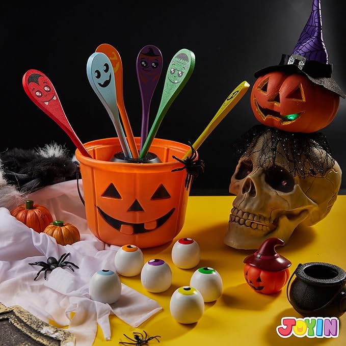 JOYIN Halloween Egg and Spoon Race Game Set; 6 Eyeballs and Spoons with Assorted Colors for Kids Adults Halloween Outdoor Fun Games, Party Favor Supplies, Classroom Activities