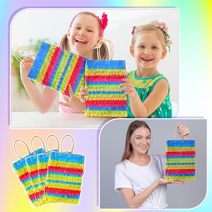 Geyoga 24 Pcs Fiesta Favor Bags Fringe-cut Piñata Mexican Fiesta Paper wrapping with Handles Mexican Party Favor Goodie Treat Bags for Mexico Summer Birthday Party Supplies