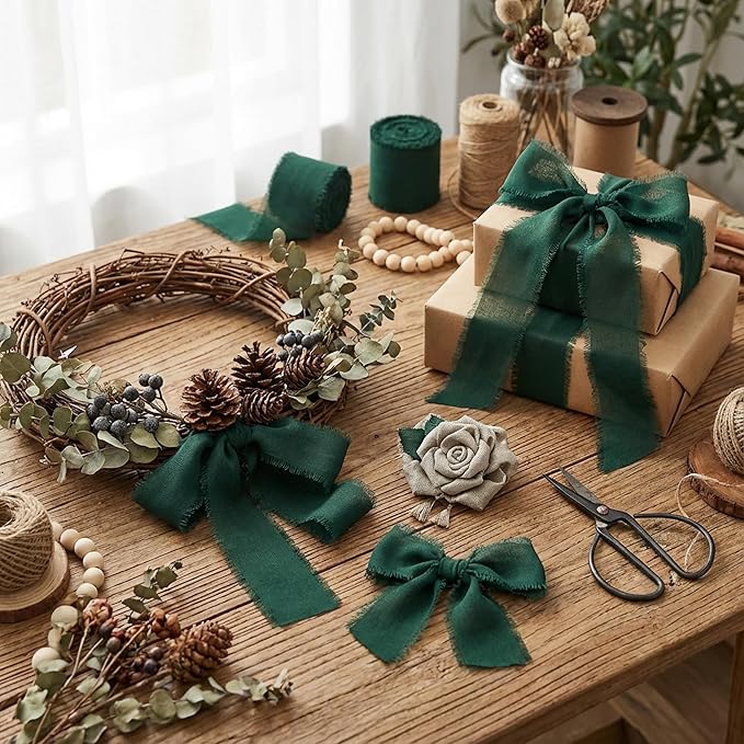 Handmade Chiffon Ribbon 1.5 Inch Wide, 3 Rolls 21 Yards, Dark Green Frayed Edge Fabric Ribbon for Botanical Wedding Decor, Floral Design & Gift Styling(Dark Green)