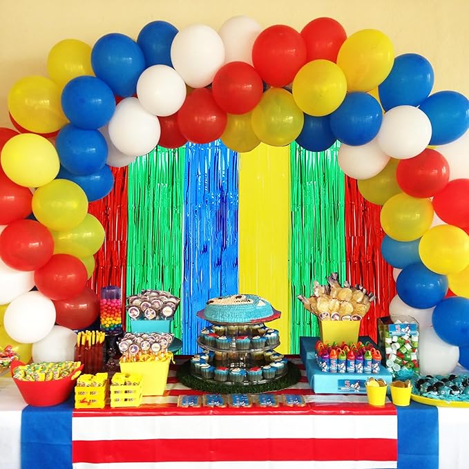 BEISHIDA 3Pcs Red Green Blue Yellow Streamer Backdrop Foil Fringe Tinsel Curtains Backdrops for Super Bros Birthday Video Game Baby Shower Decorations Party Supplies (3.28 ft x 6.56 ft)