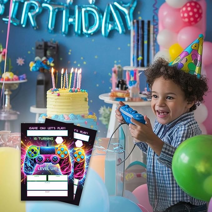 Gaming Themed Birthday Invitations – 20 Invitation Cards 4"x6" with Envelopes.(010)