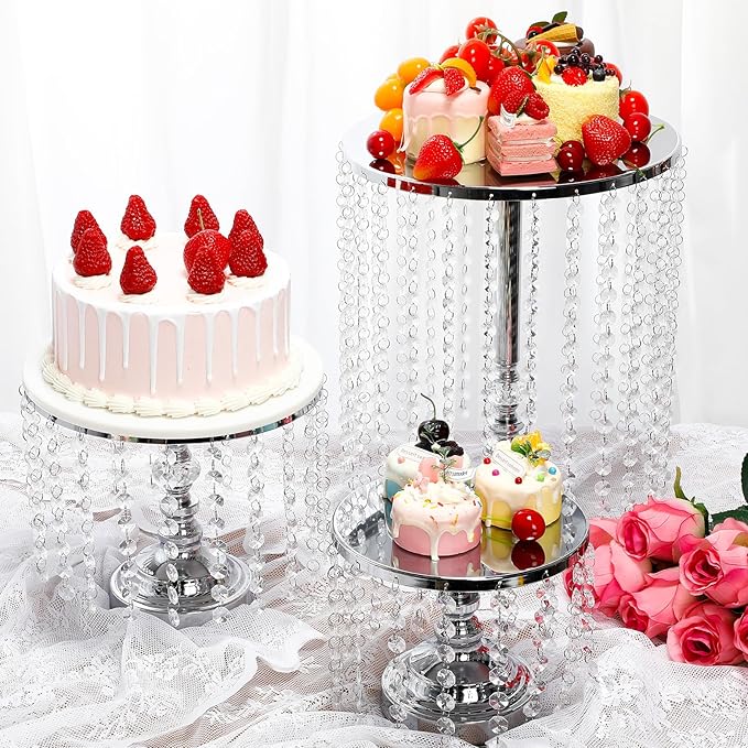 Bokon 6 Pcs Crystal Cake Stand Round Dessert Cupcake Holder Metal Stand Table Cake Pedestal with Crystal Pendant Wedding Bead Dessert Cupcake Pastry Display Plate for Wedding Birthday Party (Silver)