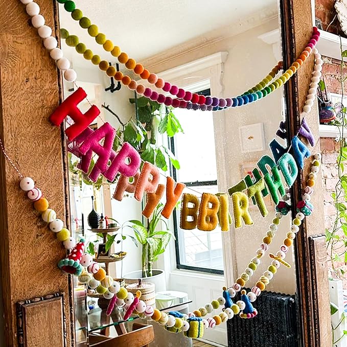 Pre-Strung Personalized Felt Ball Garland, Reusable Happy Birthday Banner, Rainbow Felt Garland, Colorful Birthday Decorations, Cute Party Hats for Birthday Holiday Party Home Wall Mantel Decor