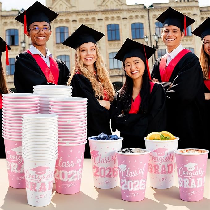 LemonRoad 60 Pcs 12 oz Graduation Paper Cups 2026 Pink Graduation Decorations Class of 2026 Grad Cups Congrats Grad Party Disposable Tablewares for School Party Supplies Home
