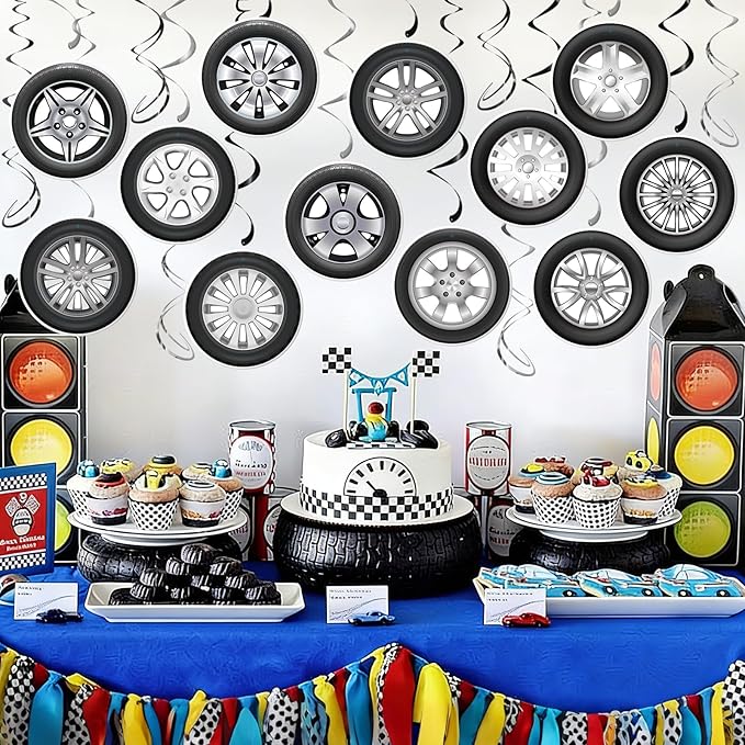 Race Car Party Decorations - 30Pcs Racing Car Wheel Hanging Swirls Wheel Tire Ceiling Hanging Streamers for Race Theme Birthday Party Supplies