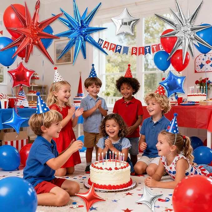 TONIFUL 22Inch 15Pcs Red Blue Silver Explosion Star Balloons and 10Inch Four Pointed Star Balloons Set for Christmas New Year Birthday Wedding Bridal Shower Independence Day Anniversary Supplies