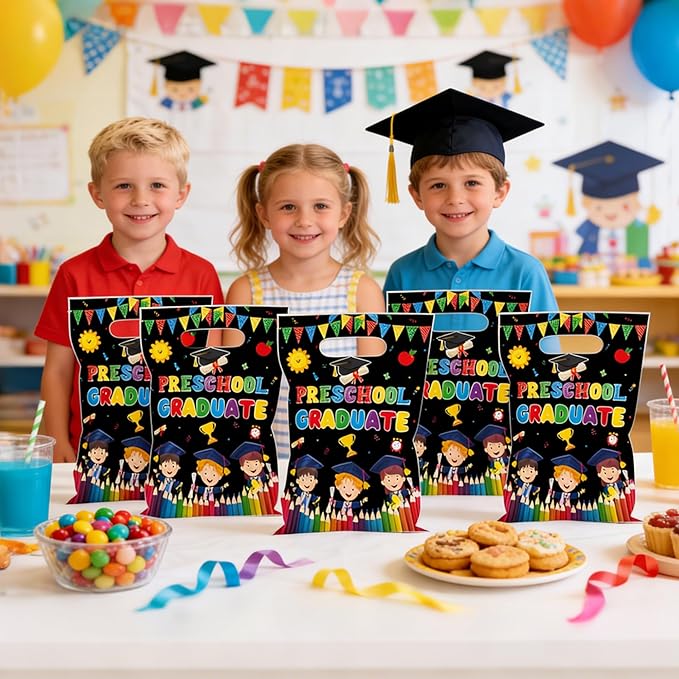 MOIZYNG 50Pcs Preschool Graduation Gift Bags with Handles, Black Preschool Graduate Plastic Snack Treat Goodie Bags for Boys Girls Class of 2026 Ceremony School Prom Party Supplies