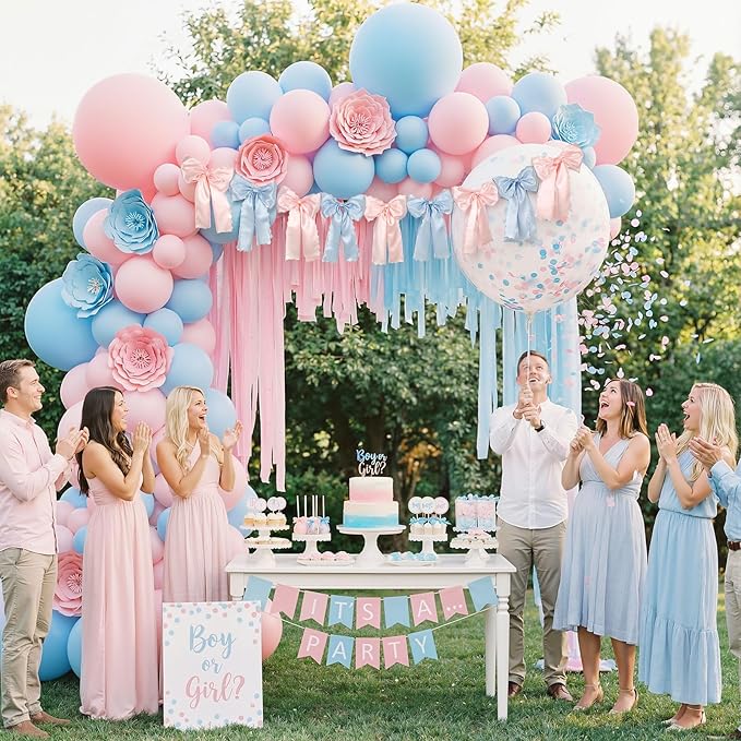 VitalCozy Pink Blue Bow Garland Decor for Gender Reveal Party Decorations, Pre-Strung Satin Ribbon Birthday Party Garland Bow Banner for Baby Shower Bachelorette Wedding Birthday Engagement Supplies