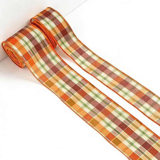 Meseey 20 Yards Fall Plaid Wired Ribbon, 1.5 Inch & 2.5 Inch Buffalo Plaid Burlap Ribbon, Tartan Check Wired Edge Ribbon for Big Bows, Fall Wreaths, Gift Wrapping & DIY Crafts (Burgundy/Orange)