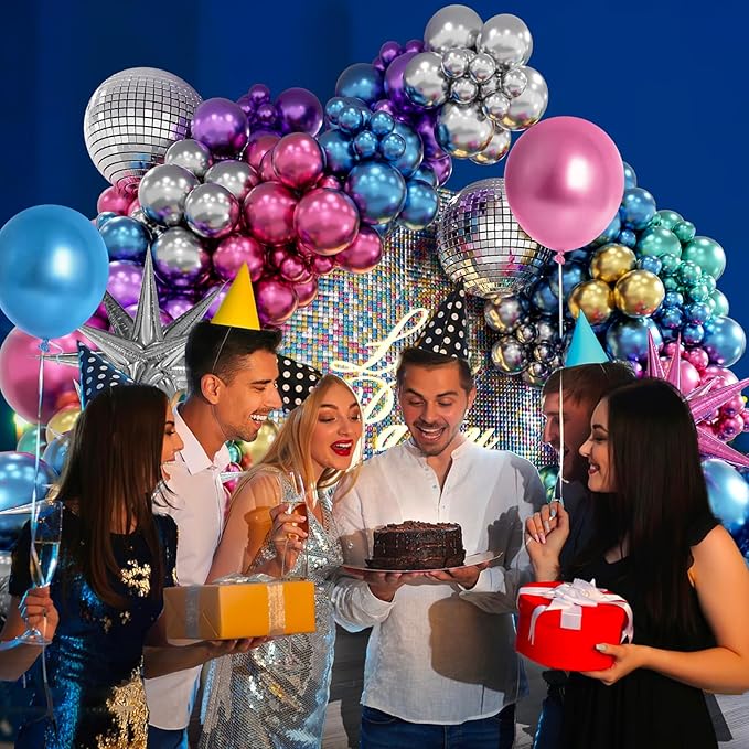 FOTIOMRG 135pcs Disco Balloon Arch Kit with Disco Ball Balloons Silver Blue Green Purple Hot Pink Gold Metallic Balloons, Star Disco Foil Balloons for Birthday 70S 80S 90S Disco Party Decoration