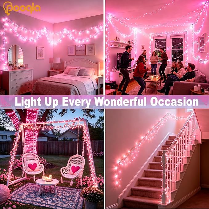 66 ft 200 LED Pink String Lights, Pink Lights Valentine's Day Decorations, Indoor Outdoor Connectable 8 Modes Clear Wire Twinkle Fairy String Lights Plug in for Valentine's Day Wedding Bedroom Party