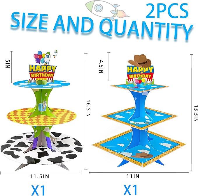 Nabenkalu 3-Tier Cartoon Story cupcake stand 2 Sets Cardboard Cake Stand Dessert Tower Holder for toy theme Birthday Decoration Baby Shower Party Supplies