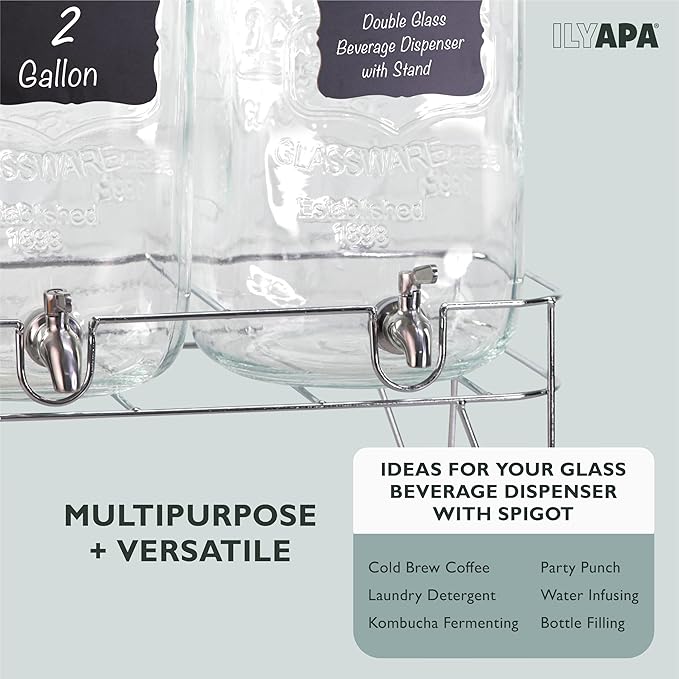 Ilyapa 2 Gallon Drink Dispenser, 2 Pack with Metal Base, Stainless Steel Spigot - Drink Dispensers for Parties, Beverages Such As Lemonade, Tea, Water