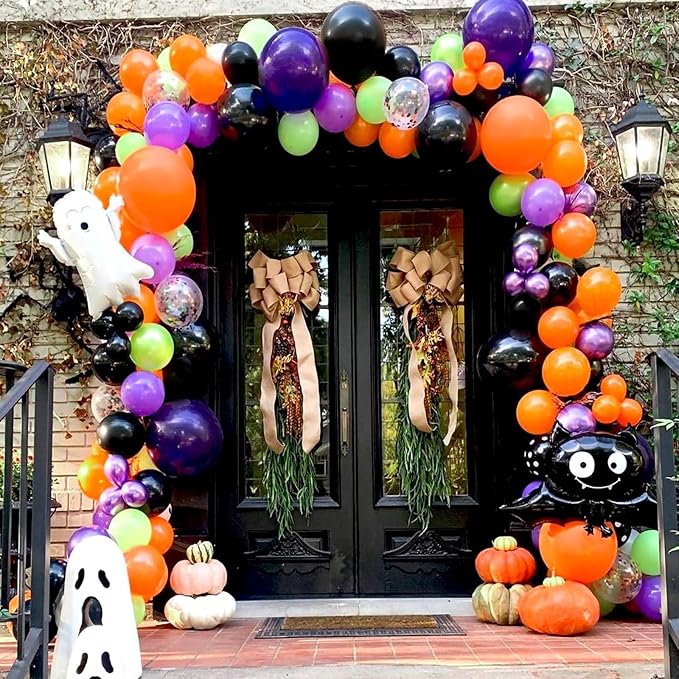Patimate Halloween Decorations Balloons Set, 50 pcs 12 inch Purple Green Orange Black Confetti Latex Balloons Kit for Halloween Baby Shower Birthday Bachelorette Trick or Treat Party Supplies