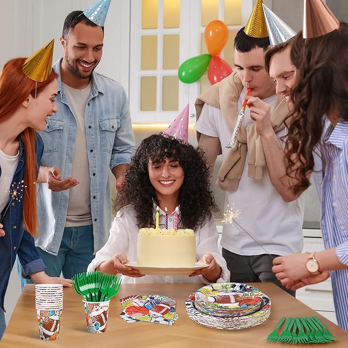 Kochorie 144 Pieces Sports Party Supplies, Sports Tableware Sets Including Disposable Paper Plates Napkins Cups Forks Serves 24 for Birthday Rugby Baseball Basketball Soccer Party Decorations