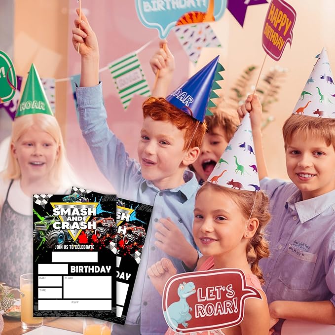 Truck Birthday Party Invitations–Smash&Crash–20 invitation Cards 4"x6" with Envelopes for Fun-Filled Birthday Celebrations.(012)