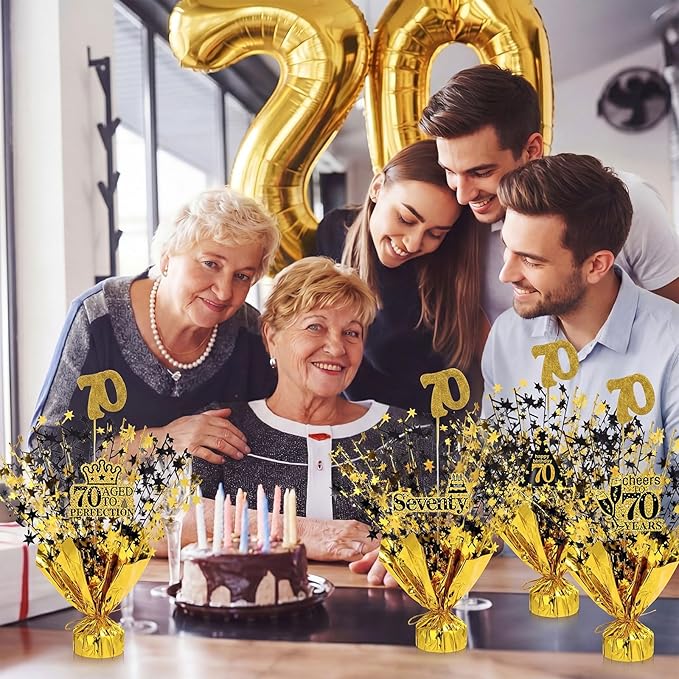 Tatuo 4 Pcs Metallic Foil Spray Centerpiece Happy 30th 40th 50th 60th 70th 80th Years Centerpiece Table Decorations for Black and Gold Birthday Anniversary Wedding Party Table Decor(70th Birthday)