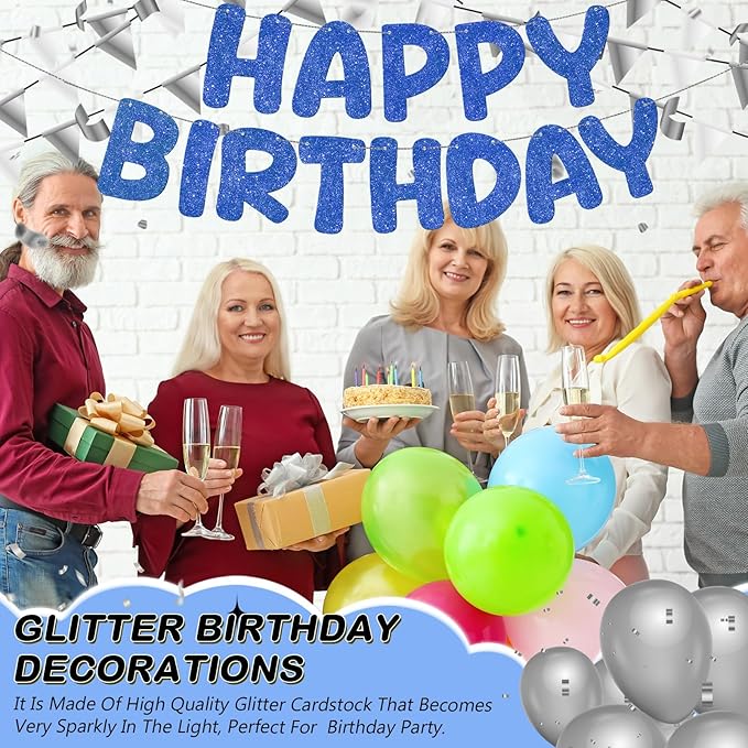 Fulmoon Glitter Pre Strung Happy Birthday Banner No DIY Party Decorations Happy Birthday Sign Decor for Men Women Boy Girls Backdrop(Navy Blue)