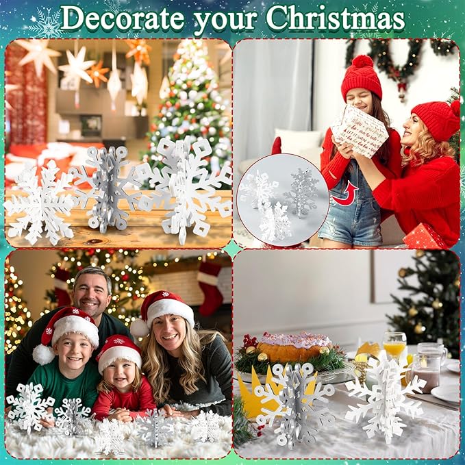 OuMuaMua 12 Set Winter Christmas Centerpiece Table Decorations - 24pcs Wooden Snowflakes Decor 3D Silver White Snowflake Tabletop Decor for Xmas Holiday Tiered Tray Winter Farmhouse Home Decor