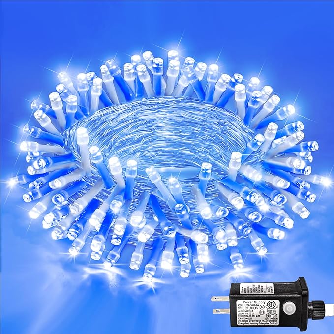 120 LED Blue White Christmas Lights Outdoor, 40ft Clear Wire Christmas Tree Lights 8 Modes, Plug in Waterproof Twinkle Fairy Lights for Indoor Christmas Bedroom Tree Decorations