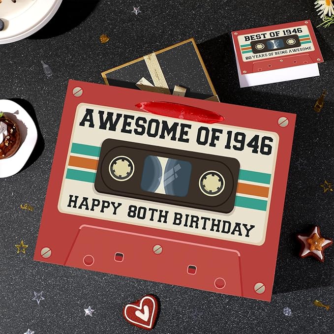80th Birthday Gift Bag for Men Women Retro Tape 1946 Birthday Party Favor Bags with Tissue Paper and Greeting Card Vintage Cassette 80 Years Old Gift Wrapping Bag Decorations for Mom Dad Friends Gifts
