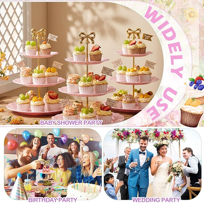 3 Sets Tea Party Decorations of 3 Tier Wedding Plastic Dessert Table Display Set Cupcake Stand Dessert Plates Cake Candy Display Tower Wedding Birthday Baby Shower Tea Party Decoration