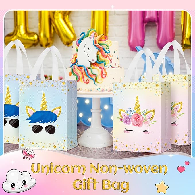 Locmeo 24 Pcs Unicorn Party Favor Bags with Handles - Reusable Non Woven Goodie Bags in Pink & Blue - Candy Treat Gift Bags for Girl & Boy Birthday Parties, 8 x 4 x 10 Inch