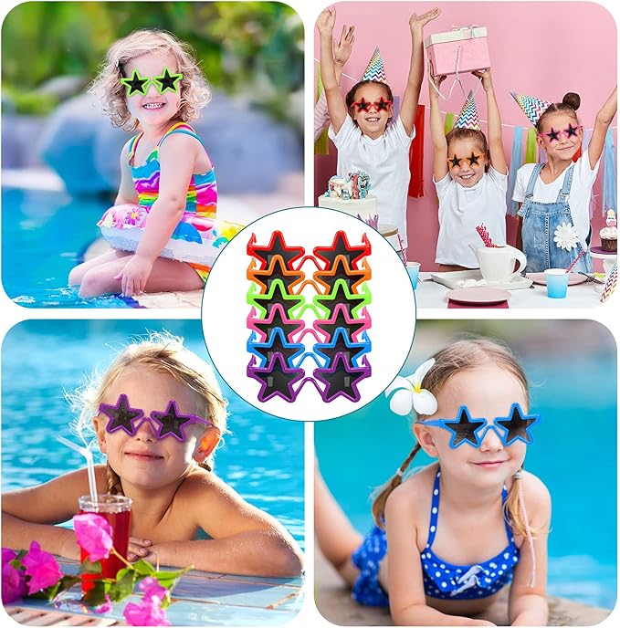 Frienda 24 Pairs Kids Star Sunglasses Bulk Neon 80s Rock Star Toddler Party Favor Funny Glasses Accessories for Rock and Roll Birthday Party Photo Props