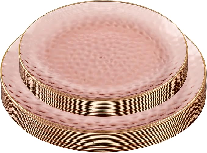 PLASTICPRO 64 Piece Combo Plates Set includes 32-7'' inch Plates & 32-10'' inch Dishes Rose Hammered Plastic PartyPlates Premium heavyweight Elegant, Disposable, Tableware, Dishes,