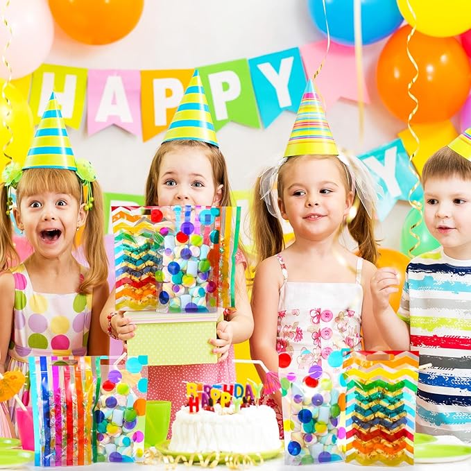 Pasimy 60 Pcs Pride Rainbow Plastic Candy Bags Polka Dot Stripes Printed Treat Goodie Gift Bags with Handle for LGBT Wedding Baby Shower Birthday Party Favor Supplies, 6 Design