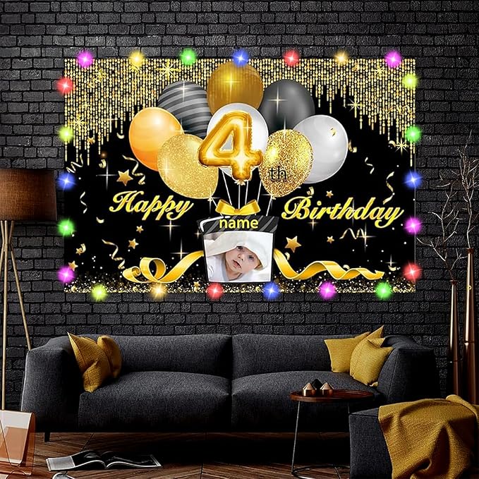 Dicodes Custom Black and Gold Theme Birthday Banner for Party Happy Birthday Backdrop Decoration Personalized with Name and Photo