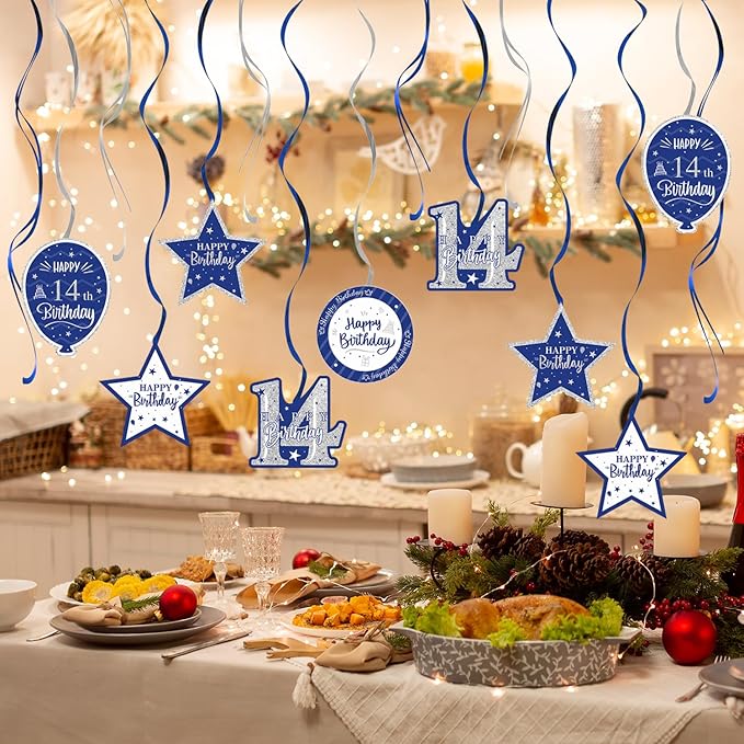 Happy 14th Birthday Blue & Silver Glitter Swirls Streamers Party Decorations - 15 Pcs 14th Birthday Hanging Swirls Streamers Kit,Cheers to Fourteen Years Old Bday Party Sign.