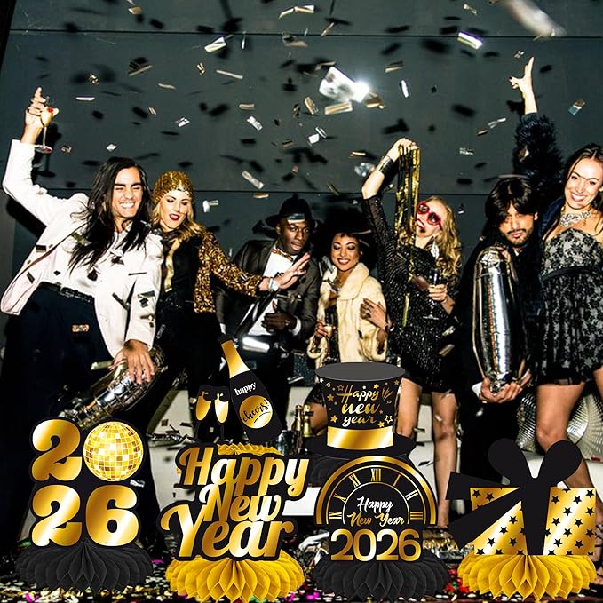 Happy New Year Honeycomb Centerpieces 2026 New Years Eve Party Decorations 12PCS New Years Decor Hello 2026 Table Centerpieces for Cheers to 2026 Celebration Supplies