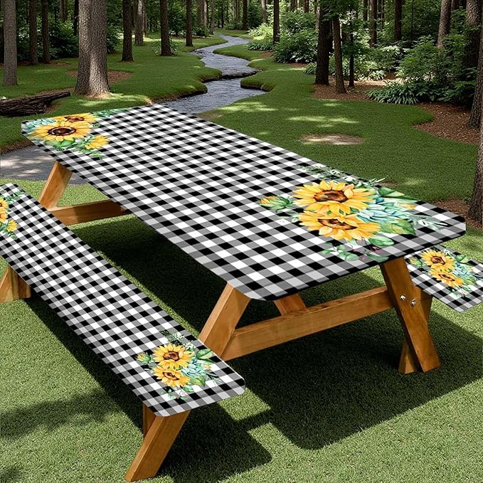 Picnic Table Cover with Bench Covers and Bag, Outdoor Waterproof Windproof Tablecloth with Elastic Edges. Camping Accessories RV Gear Campers 72x30 Inches 3 Pcs Set Black-White Checkered