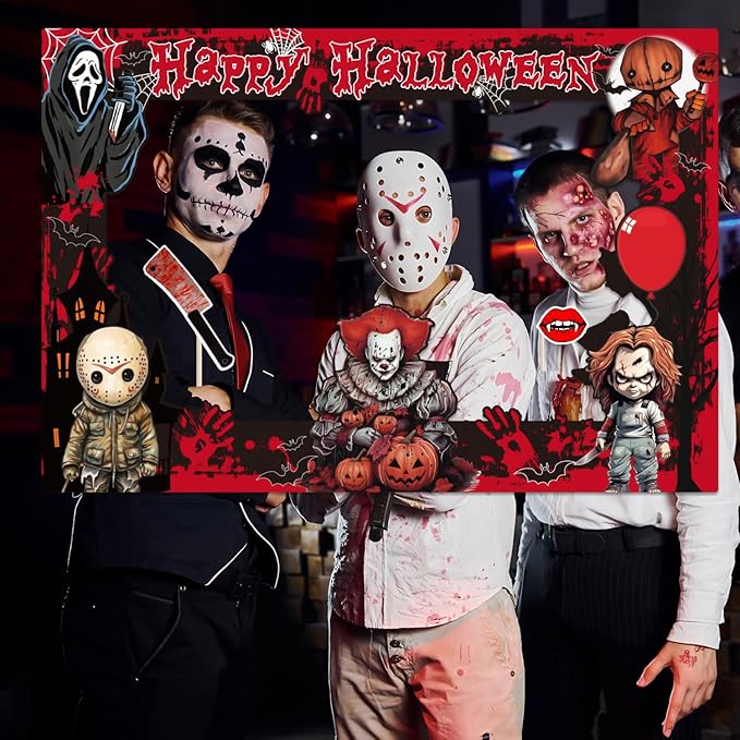 Halloween Photo Booth Props Kit, 16PCS Photo Props & Selfie Frame Halloween Party Decoration Supplies Dress Up Party Costumes Accessories for Photoshoot Selfie Props (Red)