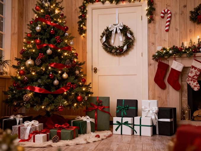 QIANF Red/Dark Green/White Double Face Satin Ribbon 3/8 Inch x 45 Yards Fabric Ribbon for Gift Wrapping, Flower Bouquets, Hair Bows Making, Wedding Decoration, Christmas (3 Rolls *15Yd)