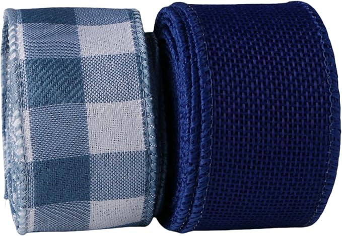 Meseey 1.5 Inch Burlap Wired Ribbon Set, 2 Rolls Total 10 Yards Solid Navy Blue & Blue White Buffalo Check Wired Edge Ribbon for Wreaths, Bows, Gift Wrapping, Farmhouse & Patriotic Decor