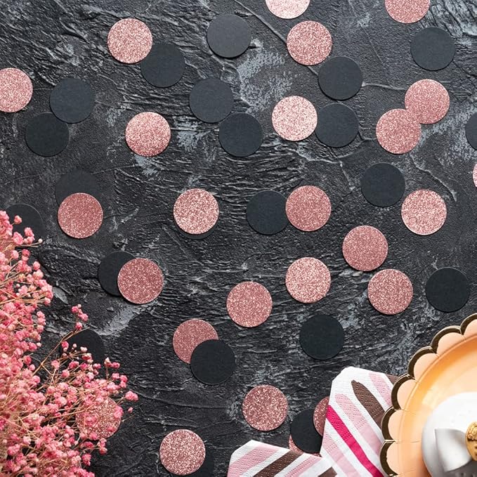 Rose Gold Glitter and Black Confetti Table Decoration for Valentine's Day Bachelor Birthday Engagement Theme Party,1.2 inch in Diameter,200 Counts