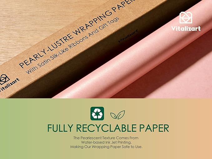 Vitalizart Pink Wrapping Paper Set 17" Pearly-Lustre With Silk Like Satin Ribbon & Gift Tags Recyclable Christmas Gift Wrapping Birthday Baby Shower Wedding Handmade Crafts 197"(16.4 Ft)